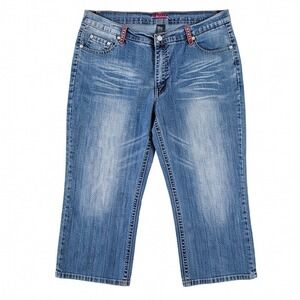 Gazoz Jeans Womens 16 Blue Denim‎ Capris Embellished Rhinestone Velvet 60553